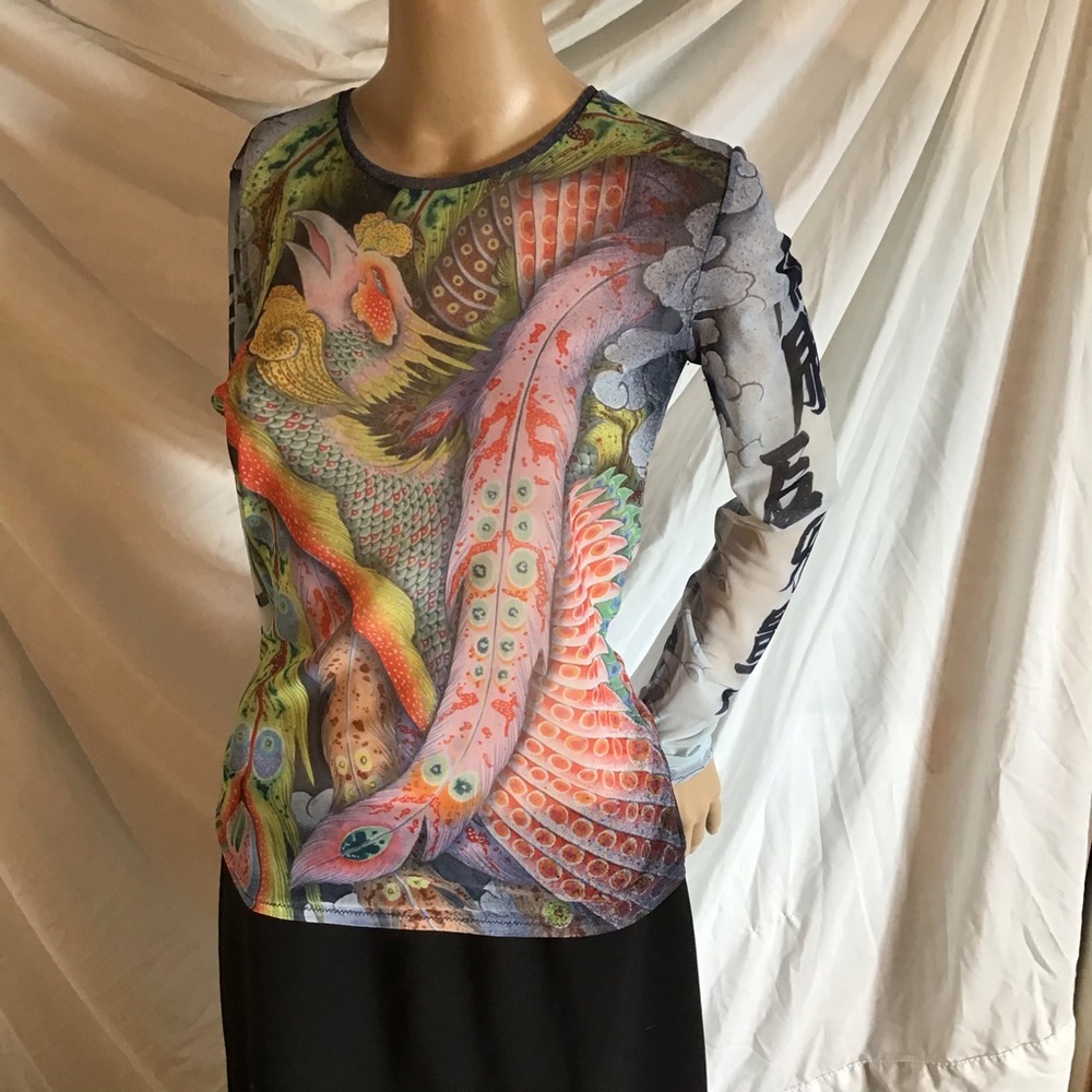 Yellowman tattoo art mesh top, sz Medium